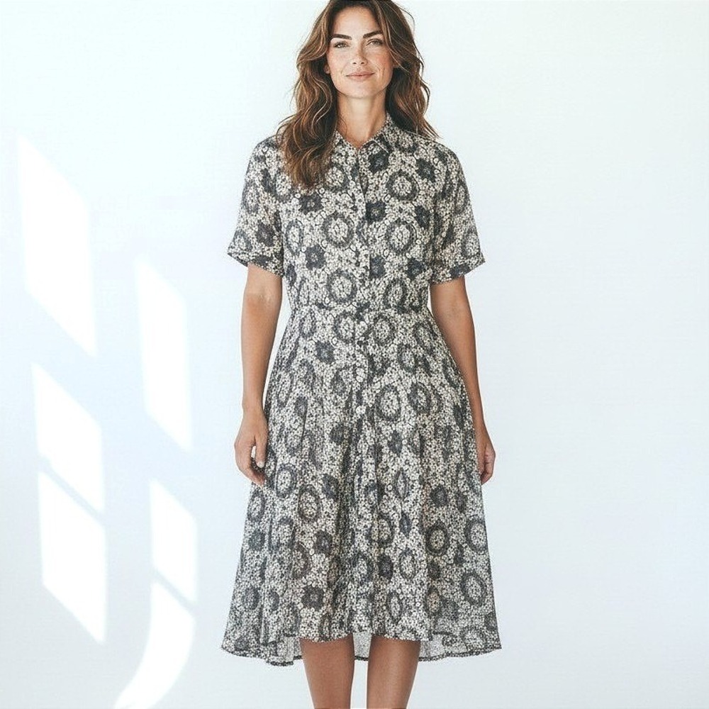 Hache Italy Designer Sheer Shirt Dress 44 Gray Abstract Minimalist Button Front
